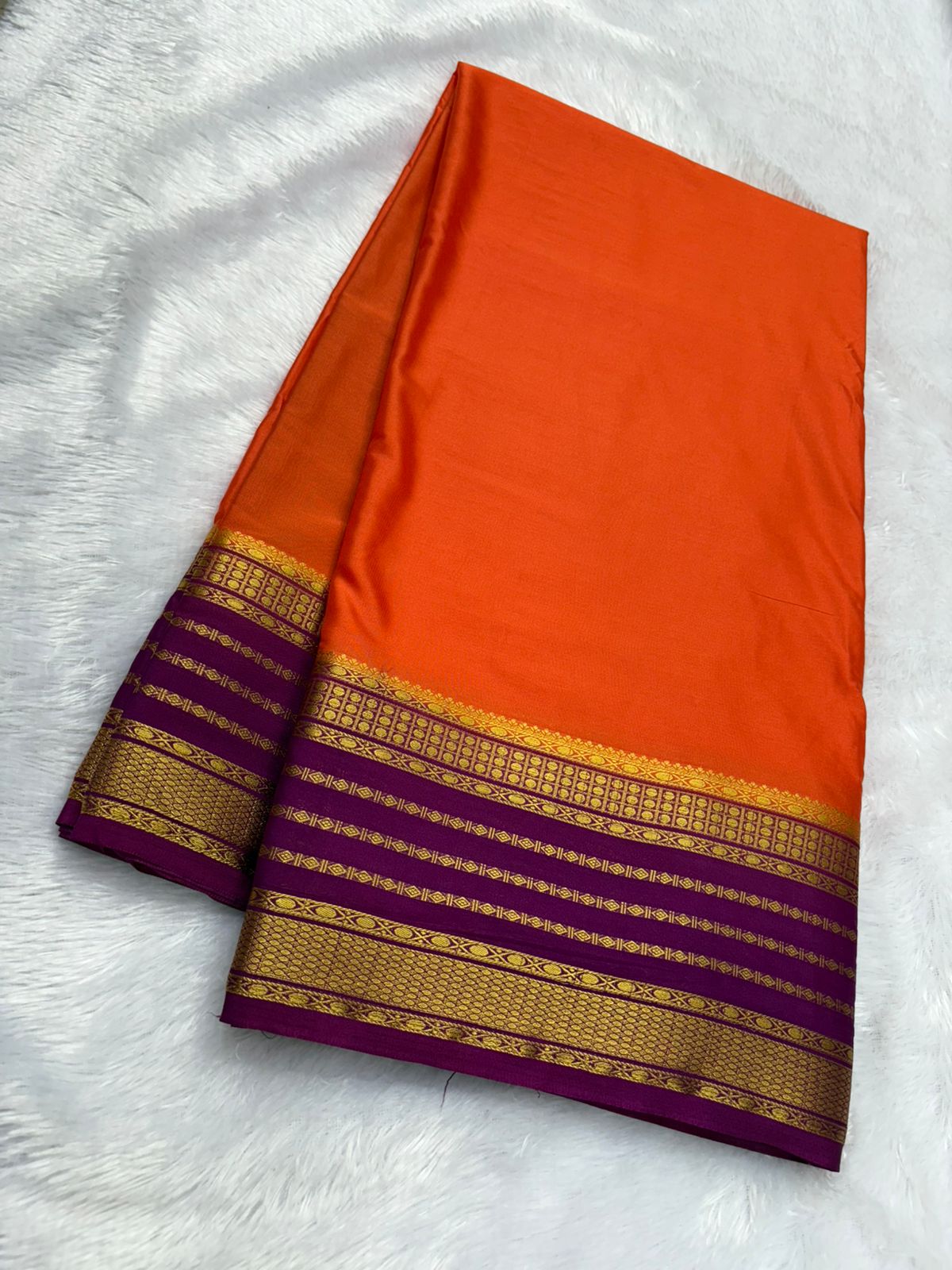 super hit orange with purple border semi Mysore Crape silk Saree In 2D pattern MT125