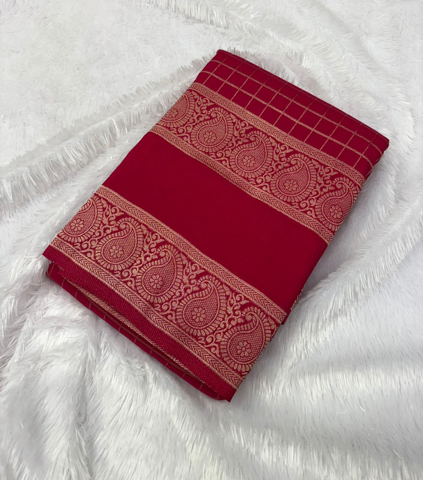 Premium Quality Banarasi Georgete Silk Saree in Mango Bentex Border in checks Pattern MT130