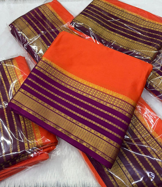 super hit orange with purple border semi Mysore Crape silk Saree In 2D pattern MT125