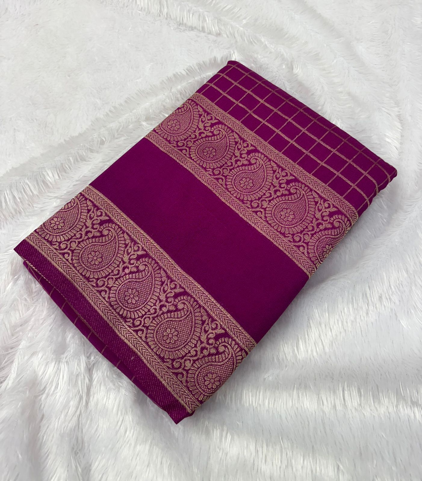 Premium Quality Banarasi Georgete Silk Saree in Mango Bentex Border in checks Pattern MT130