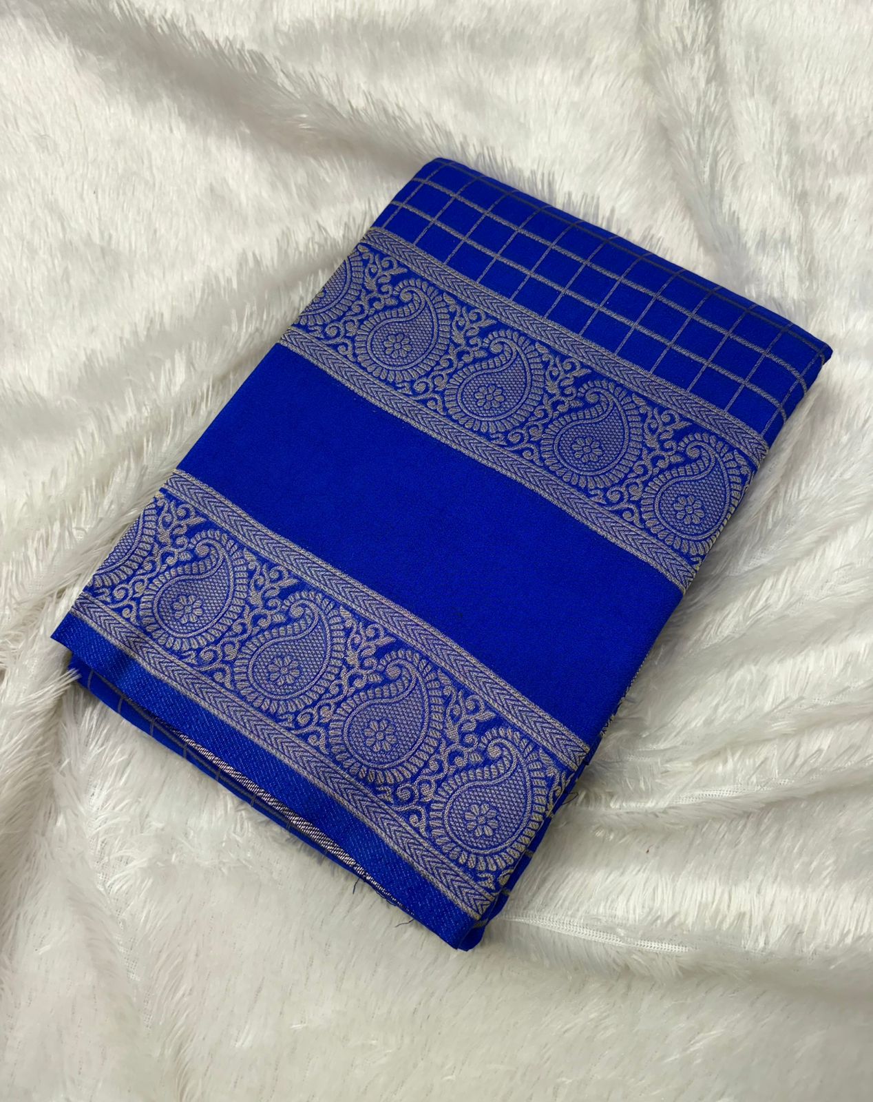 Premium Quality Banarasi Georgete Silk Saree in Mango Bentex Border in checks Pattern MT130