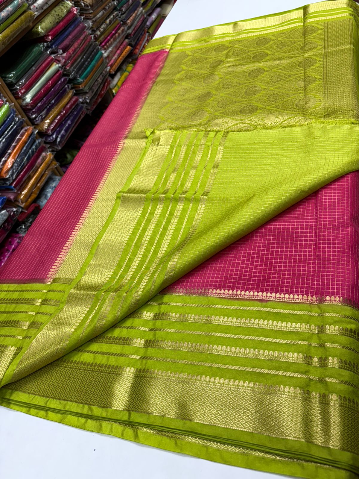 Premium Quality Semi Mysore crape silk saree chex pattern with Rich pallu MT120