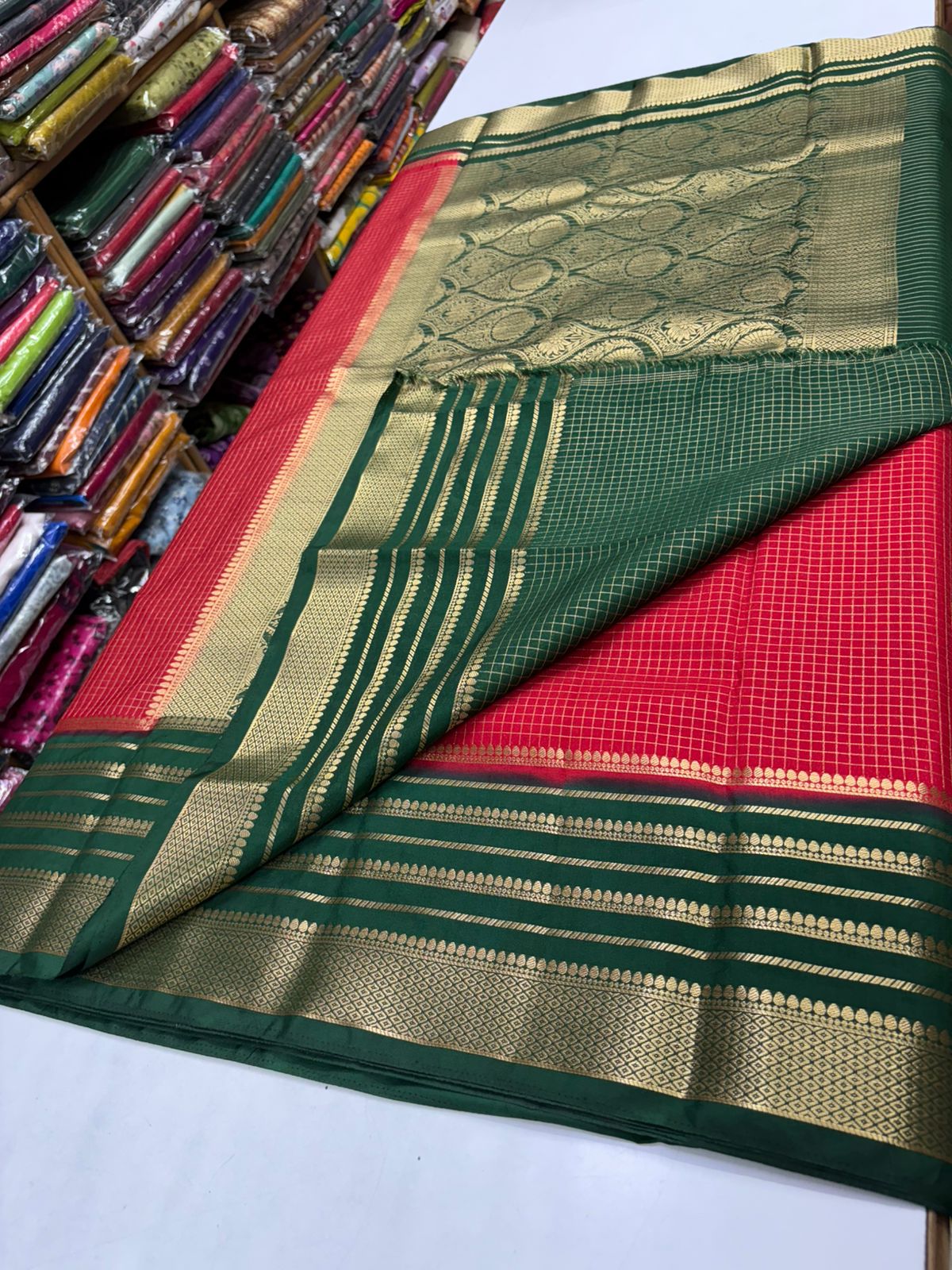 Premium Quality Semi Mysore crape silk saree chex pattern with Rich pallu MT120