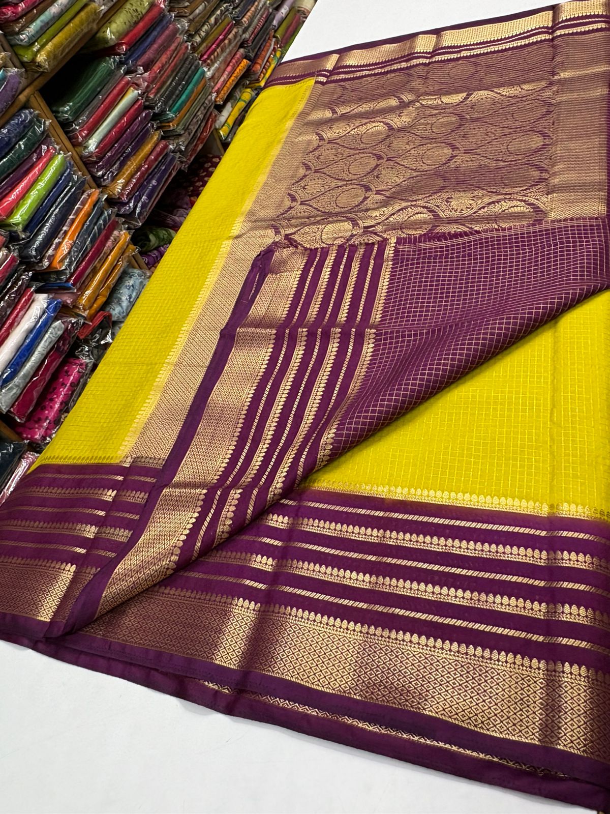 Premium Quality Semi Mysore crape silk saree chex pattern with Rich pallu MT120