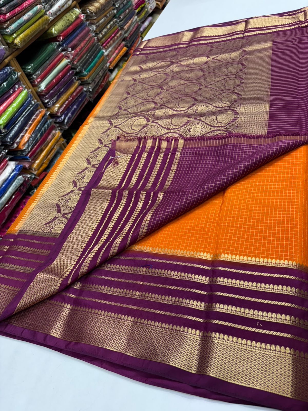 Premium Quality Semi Mysore crape silk saree chex pattern with Rich pallu MT120