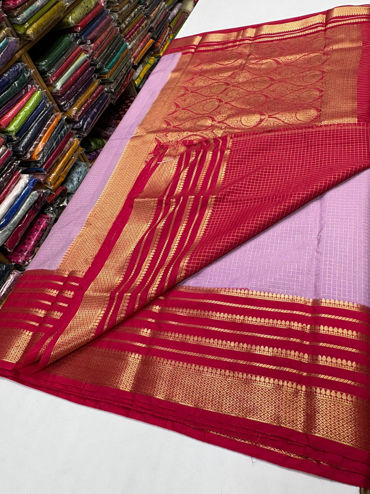 Premium Quality Semi Mysore crape silk saree chex pattern with Rich pallu MT120