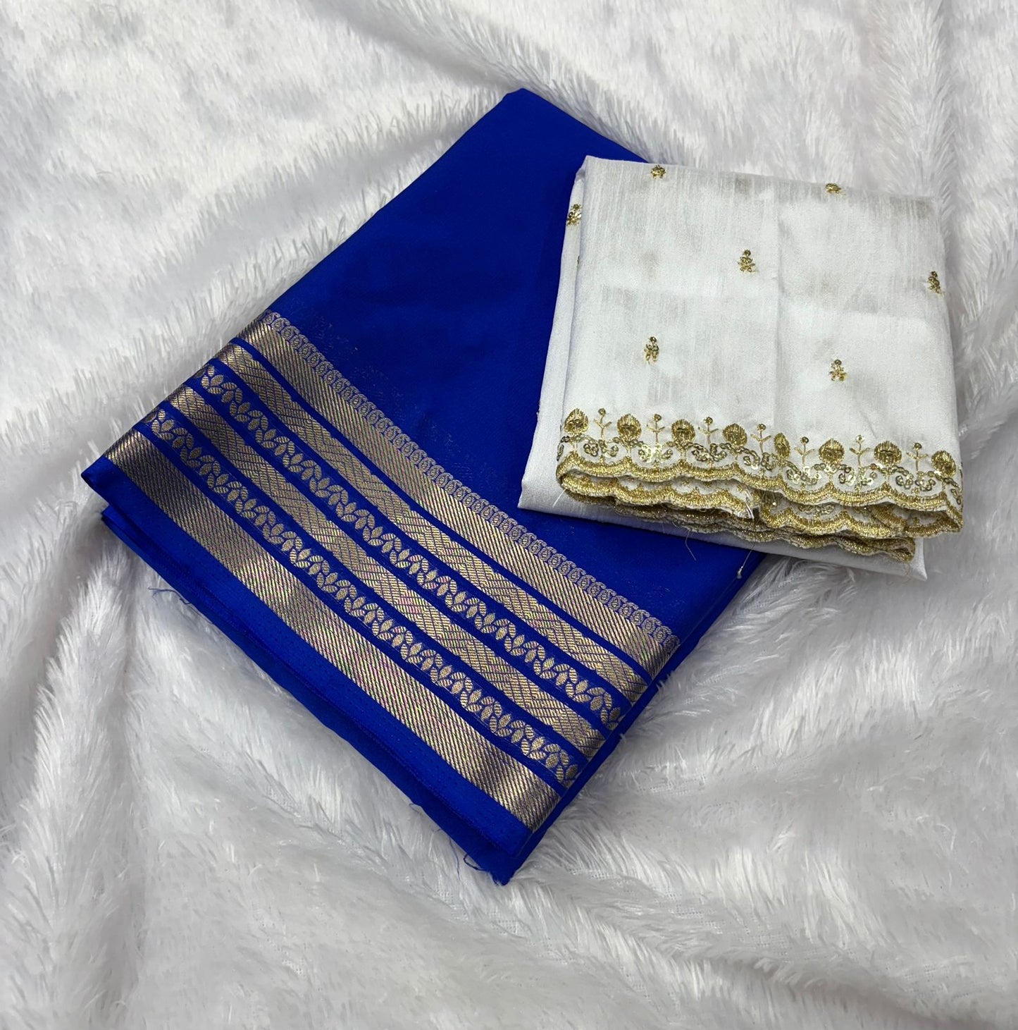 Premium Quality Semi Mysore Crape Silk Saree In Royal Blue With white Fancy Blouse MT145