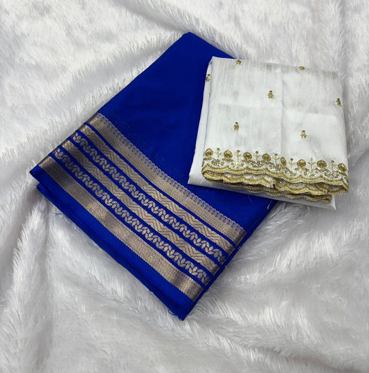 Premium Quality Semi Mysore Crape Silk Saree In Royal Blue With white Fancy Blouse MT145