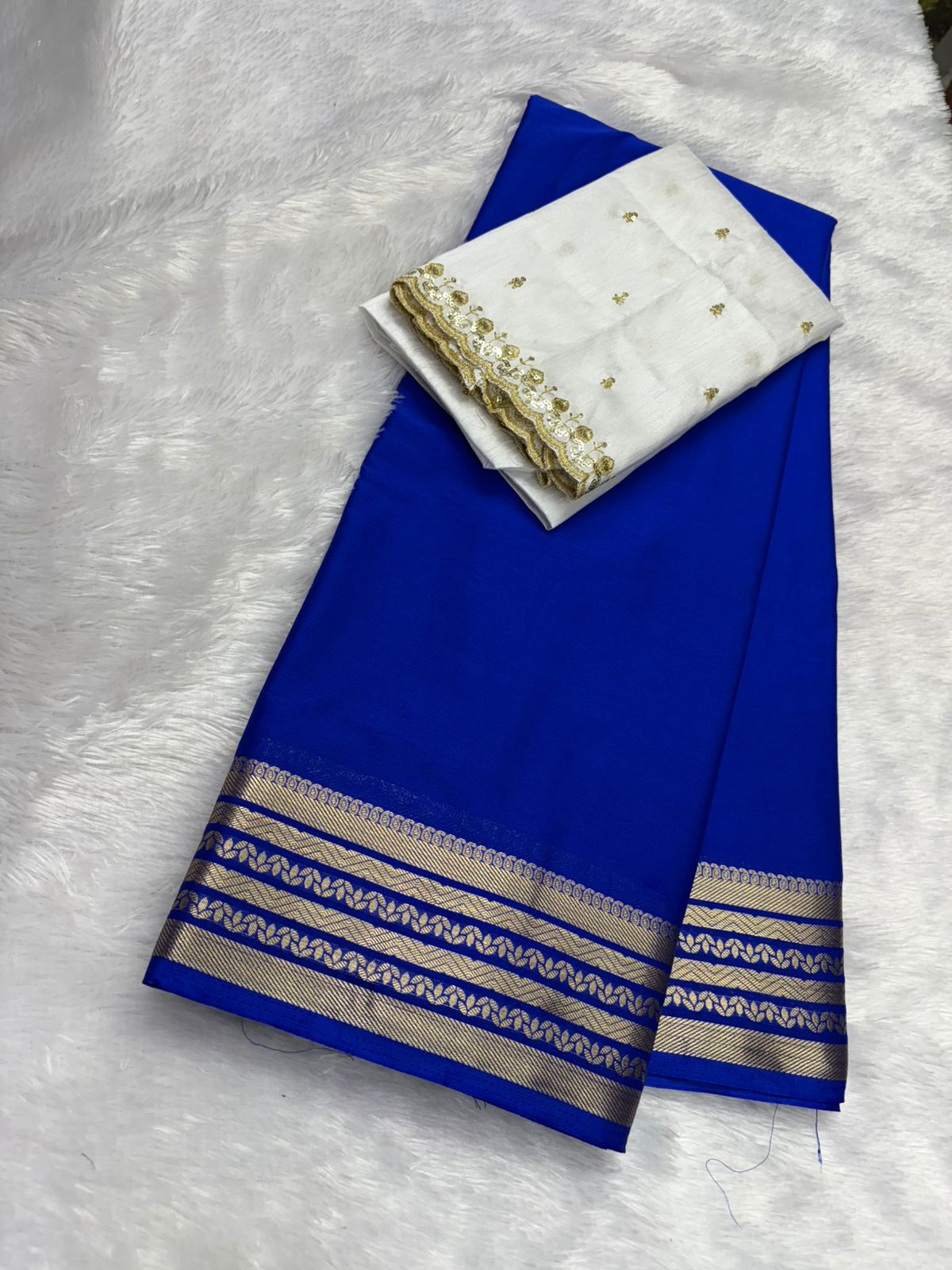 Premium Quality Semi Mysore Crape Silk Saree In Royal Blue With white Fancy Blouse MT145