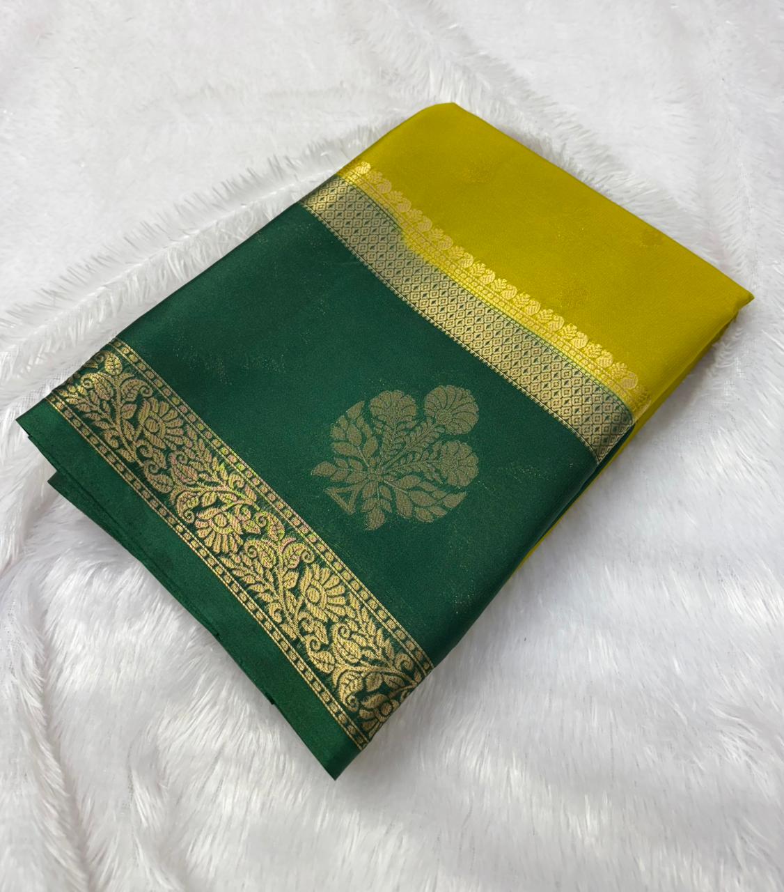 Semi Mysore crape silk in contrast Border with buttas all over the saree MT215